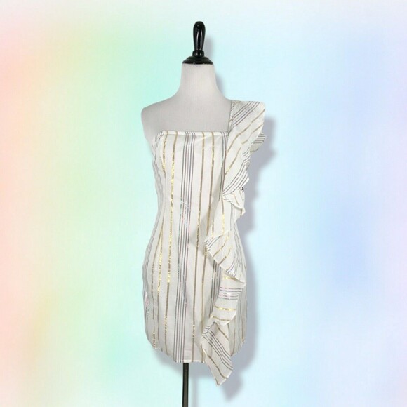 New Tularosa Mini Dress S Cait Ruffle Marshmallow metallic Stripped One-Shoulder - Picture 1 of 7
